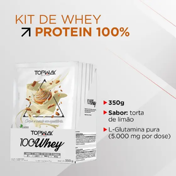 Whey protein 100% sabor torta de limão topway display com 10 sachês individual de 35g