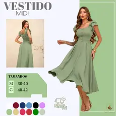 Vestido Feminino Midi Casual e Elegante, Manga Bufante, Botões Frontais, Ideal para Festa e Casual