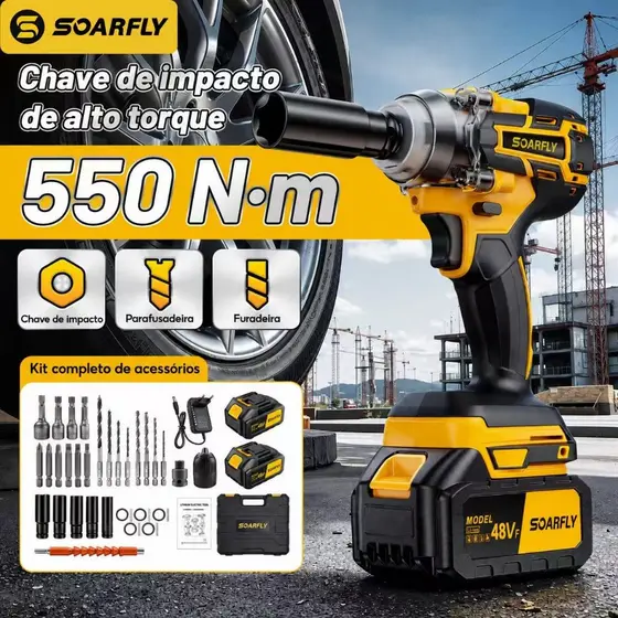 Chave De Impacto Sem Fio Elétrica Com Maleta 2 Baterias 48v Bivolt 3 Em 1 Reforçada Portátil