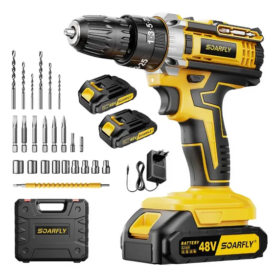 Parafusadeira Furadeira Sem Fio 48V Recarregáveis 2 Baterias Com Maleta e Acessórios 28pcs Completo