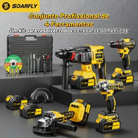 SOARFLY 4in1 Tool Kit Brushless Hammer Drill Grinder Sander Screwdriver Impact Wrench 2 Batteries 48v