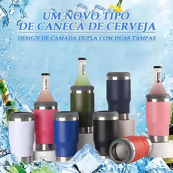 🍺 Porta Lata Térmico Inox – 420ml, Mantém sua Bebida Gelada por Muito Mais Tempo! 2 tampas