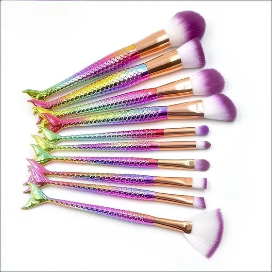 Kit 10 Pincéis Sereia Unicórnio Lindo Maquiagem Para Base Blush E Sombra De Olhos Cerdas Macias(FT)