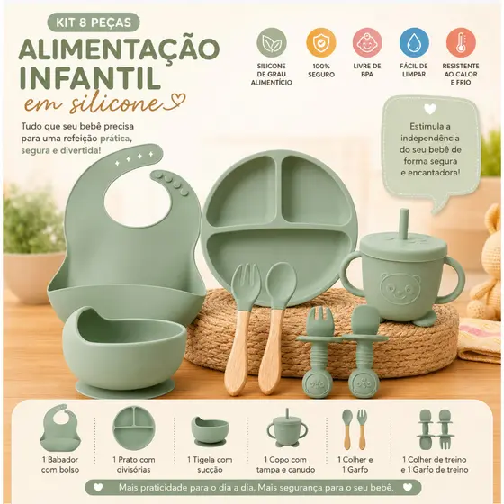 Kit Introdução Alimentar Bebê Silicone 8 Peças Prato Divisórias Babador Copo Tigela Talheres com Sucção