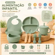 Kit Introdução Alimentar Bebê Silicone 8 Peças Prato Divisórias Babador Copo Tigela Talheres com Sucção