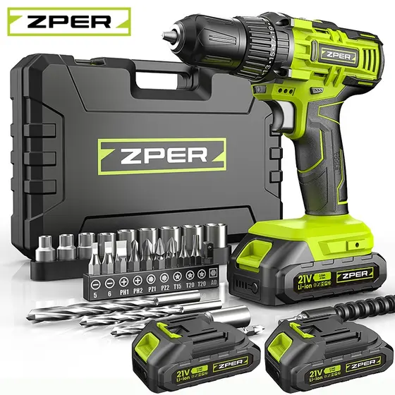 ZPER Furadeira Parafusadeira A Bateria 21V Com Duas Bateria Maleta Kit Ferramentas Completo