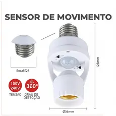 Sensor de Movimento para lâmpada Soquete E27 c/ sensor de presença Bivolt 110V~220V Max 60W