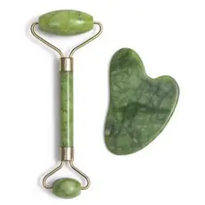 Rolo Pedra de Jade + Placa Gua Sha Massagem Facial Anti Ruga Rolinho Jade