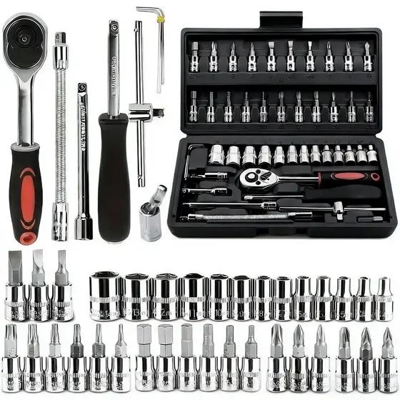 Kit De Ferramentas 46 Peças Jogo De Soquetes Chave Catraca Reversível Com Maleta Jogo Completo