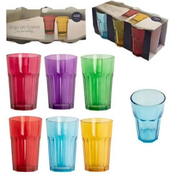 Conjunto com 6 Unidades de Copos de Vidro Jogo De Copos De Vidro Colorido 450ml Colorido Água Suco