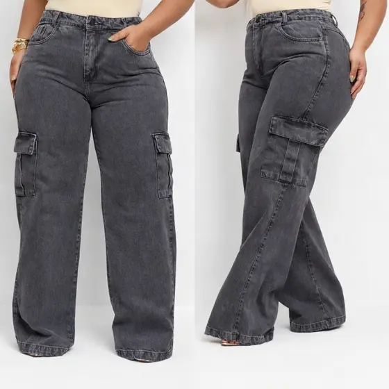 Calça Jeans Feminina Plus Size Wide Leg Cargo – Modelagem Soltinha, Premium e Muito Conforto