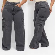 Calça Jeans Feminina Plus Size Wide Leg Cargo – Modelagem Soltinha, Premium e Muito Conforto