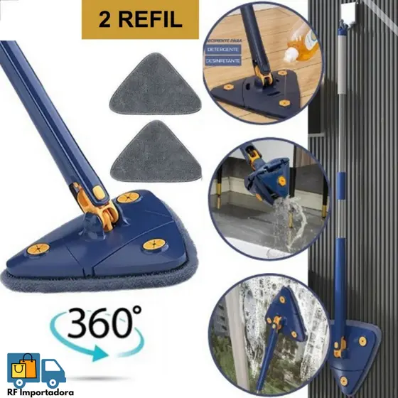 Esfregão Mop Triangulo Ajustável Giratório 360° Multiuso 2 Refil Rodo de Limpeza