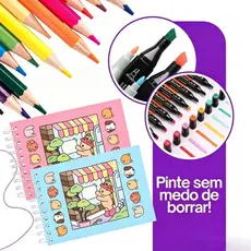 Kit Livro De Colorir Capa Dura 50 Páginas + 12-120 Cores Caneta Marcadora Com Ponta Dupla