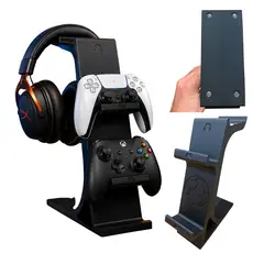 Suporte 2 Controles Headset Fone Gamer Universal Compatível Xbox Ps4 Ps5 Mesa Headphone Preto Setup Anti Derrapante