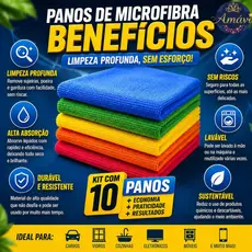 kit 10 Panos Microfibra Multiuso Alta Absorção Limpeza Alta Qualidade Cores Diversas