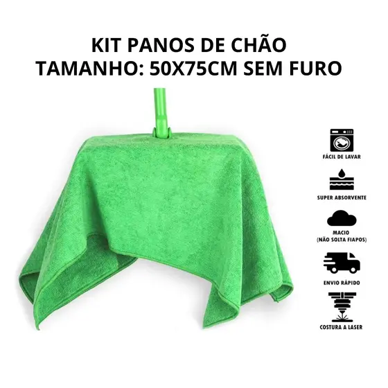 Kit Panos de Chão Microfibra 50x75cm Furo para Rodo Dupla Camada