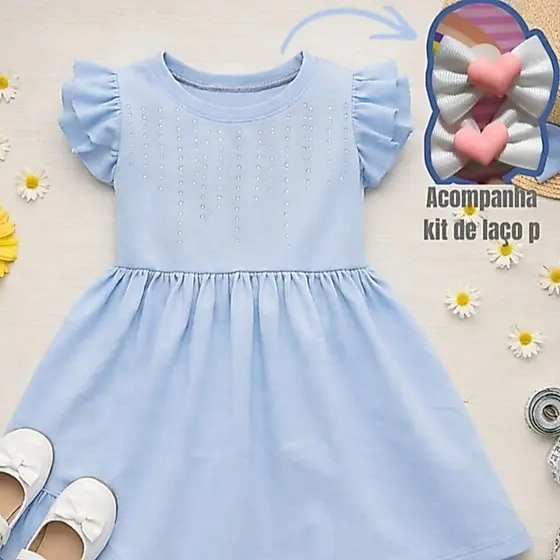Vestido Infantil Menina em Algodão kit laço para cabelos Modelo C/Brilho e Modelo Punho Três Maria..