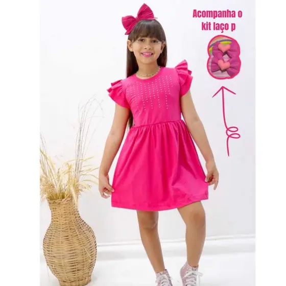 Vestido Infantil Menina em Algodão kit laço para cabelos Modelo Pricesinha Modelo Punho Três Maria..