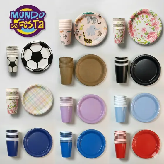 Kit Festa 60 unidades Papel Biodegradável Completo Descartável Copos Pratos Múltiplas Cores
