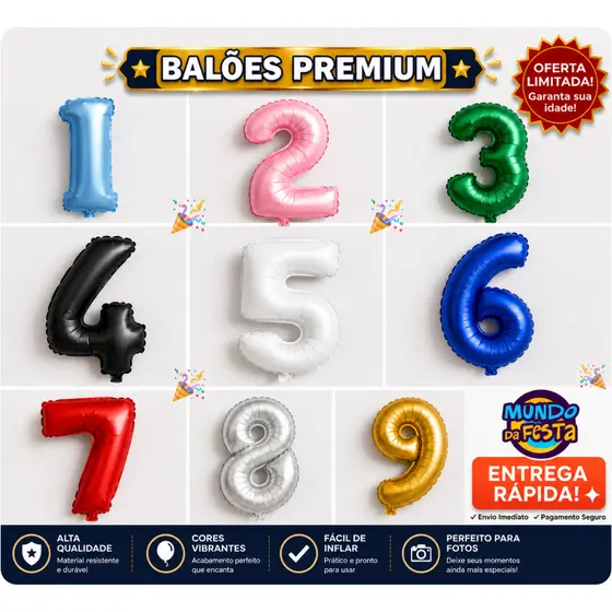 Balão Premium Metalizado Numero 40cm varias cores 40cm 16Pol Aniversario Festa Decoração