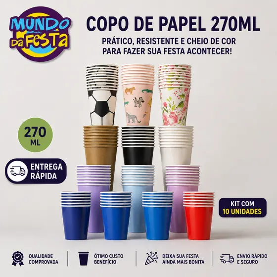Copo de Papel Descartável Biodegradável 270 ml Festa Infantil Decoração Aniversário