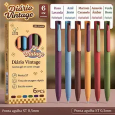 Kit6 Canetas Gel Vintage Coloridas Ponta Fina Escrita Suave Secagem Rápida Escolar Escritório  WJ-8