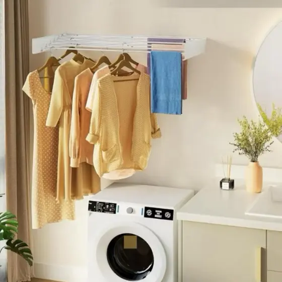 Varal Supenso Parede Janela Dobrável 70x37cm 5 Varetas Aço Inoxidável Compacto Resistente Branco Pratico Lavanderia