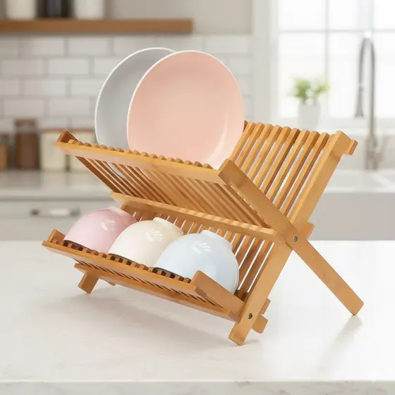 Escorredor De Louças Pratos e Copos Bambu 14 Divisórias Dobrável Compacto Organizador Cozinha Resistente Naturali