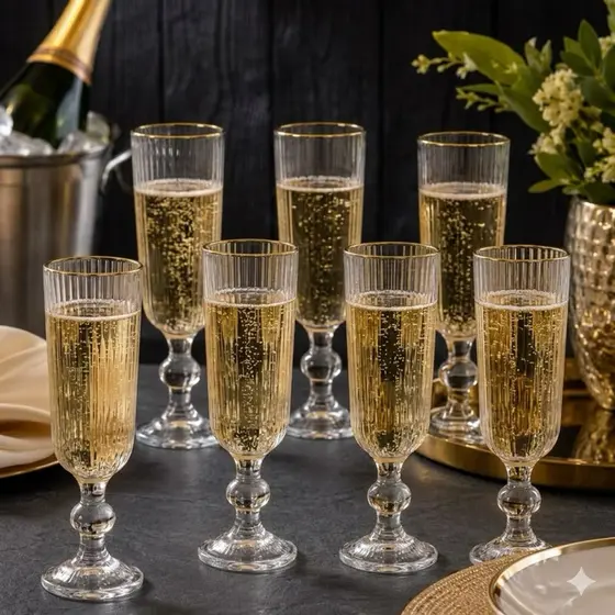 Conjunto Jogo 6 e 18 Taças de Champanhe Borda Dourada Vidro Canelado 170ml Diamond Lehavi Sofisticada Enxoval Decorativa