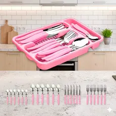 Jogo de Talheres Rosa com Porta Talher 25 Peças Faqueiro Conjunto de Garfos e Facas em Aço Inox