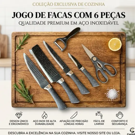 Conjunto Facas Chef de Cozinha 6 Peças Inox Cabo Ergonômico Kit Faca Trinchar Descascador Cutelo Tesoura Faqueiro