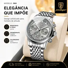 Relógio Masculino POEDAGAR 960 Cronômetro, Caixa de Aço, Mostrador Azul para Ocasiões Casuais e Formais