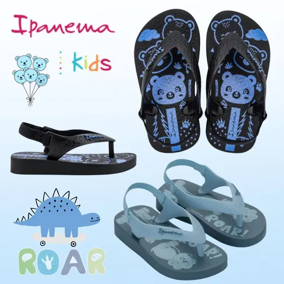 Chinelo Infantil Ipanema Baby Menino Original Grendene - Azul Dino Preto Urso Confortável Elástico Macio dia a dia
