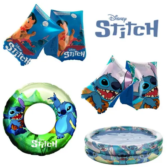 Boia de Braço e Piscina Inflável Circular Infantil Bebê Stitch Disney Piscina Férias Diversão Verão