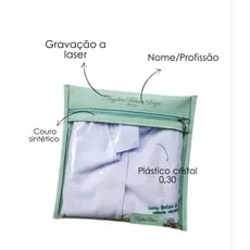 Porta jaleco, fabricado em courvin, semelhante ao couro sintético e plástico cristal 0,30mm