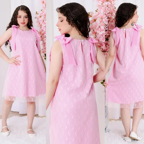 Vestido infantil menina Renda tule floral trapézio laços nos ombros princesa festa aniversario