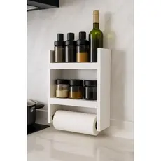 Nicho Porta Papel Toalha e Condimentos Potes Cozinha Banheiro 100% MDF BRANCO TX 15mm Tubo Metal