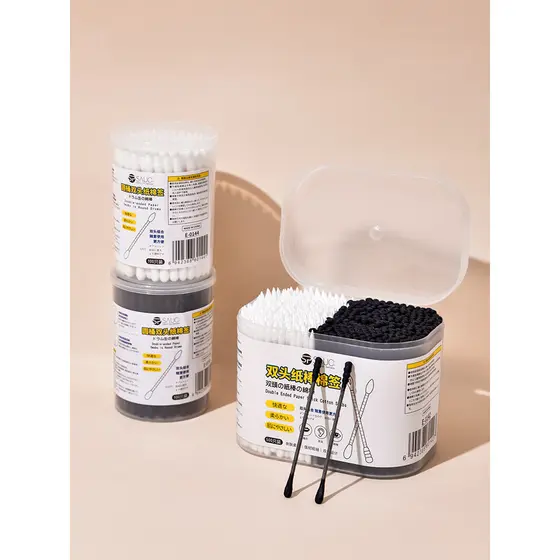 Caixa de cotonetes de papel de ponta dupla, cotonetes de algodão, colher de orelha, cotonetes de algodão em espiral pret
