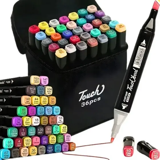 Marcador Canetinha 36 Cores Ponta Dupla + Estojo Preto Touch
