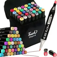 Marcador Canetinha 36 Cores Ponta Dupla + Estojo Preto Touch