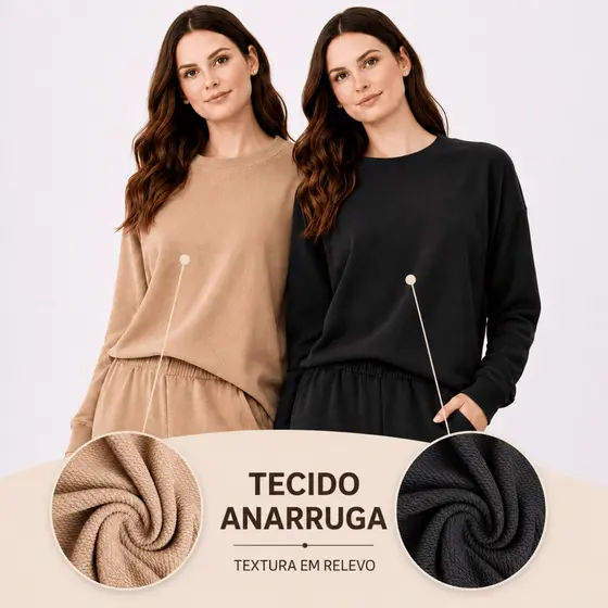 Conjunto Feminino Manga Longa Tecido Texturizado Moda Inverno 2026