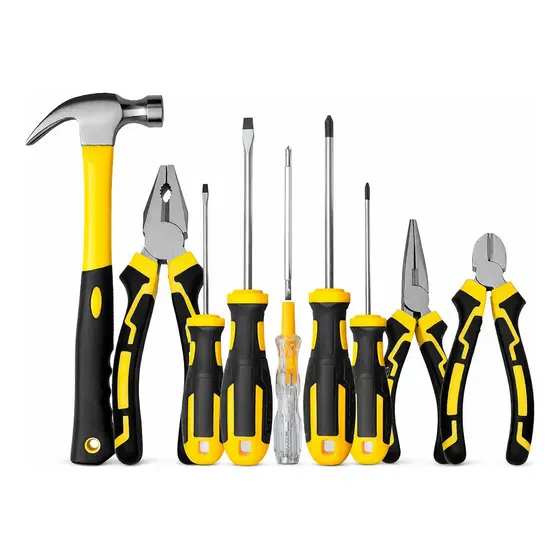 Kit Jogo de Ferramentas Alicate Martelo Chave De Fenda Philips Testador de Voltagem 9 Peças
