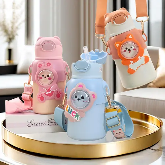 Garrafa infantil /copo térmica Com Canudo 520ml aço inox para com desenhos animados para presente