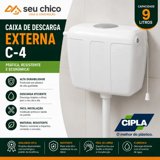 Caixa de Descarga Externa C-4 Cipla Branco Cordinha Instalação Fácil