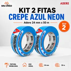 Kit 2 Fita Crepe Marca ADERE Azul Neon 24mm x 50m NÃO DEIXA COLA Pintura Imobiliaria PROFISSIONAL