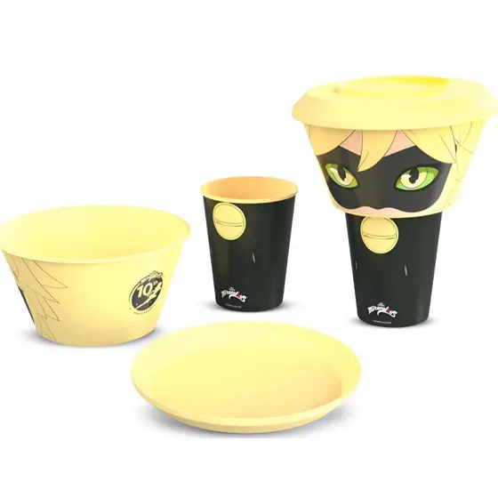 Kit 3 em 1 Copinho Tigela e Pratinho LadyBug Joaninha 3 Peças Infantil Conjunto Lancheira Para Crianças