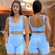Conjunto de Academia Feminino Short com Bolso + Top Regatinha Zero Tranparência com Cintura Alta