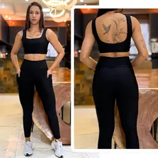 Conjunto de Academia Feminino Calça com Bolso Cintura Alta e Zero Transparencia + Top com Forro Duplo
