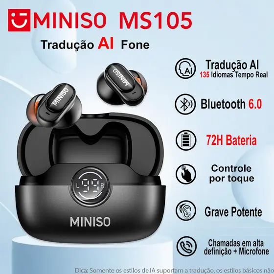 Miniso MS105 AI Tradução Fone De Ouvido Bluetooth 6.0 TWS 165 Tempo Real Tradução Idiomas Controle Por Toque Microfone
